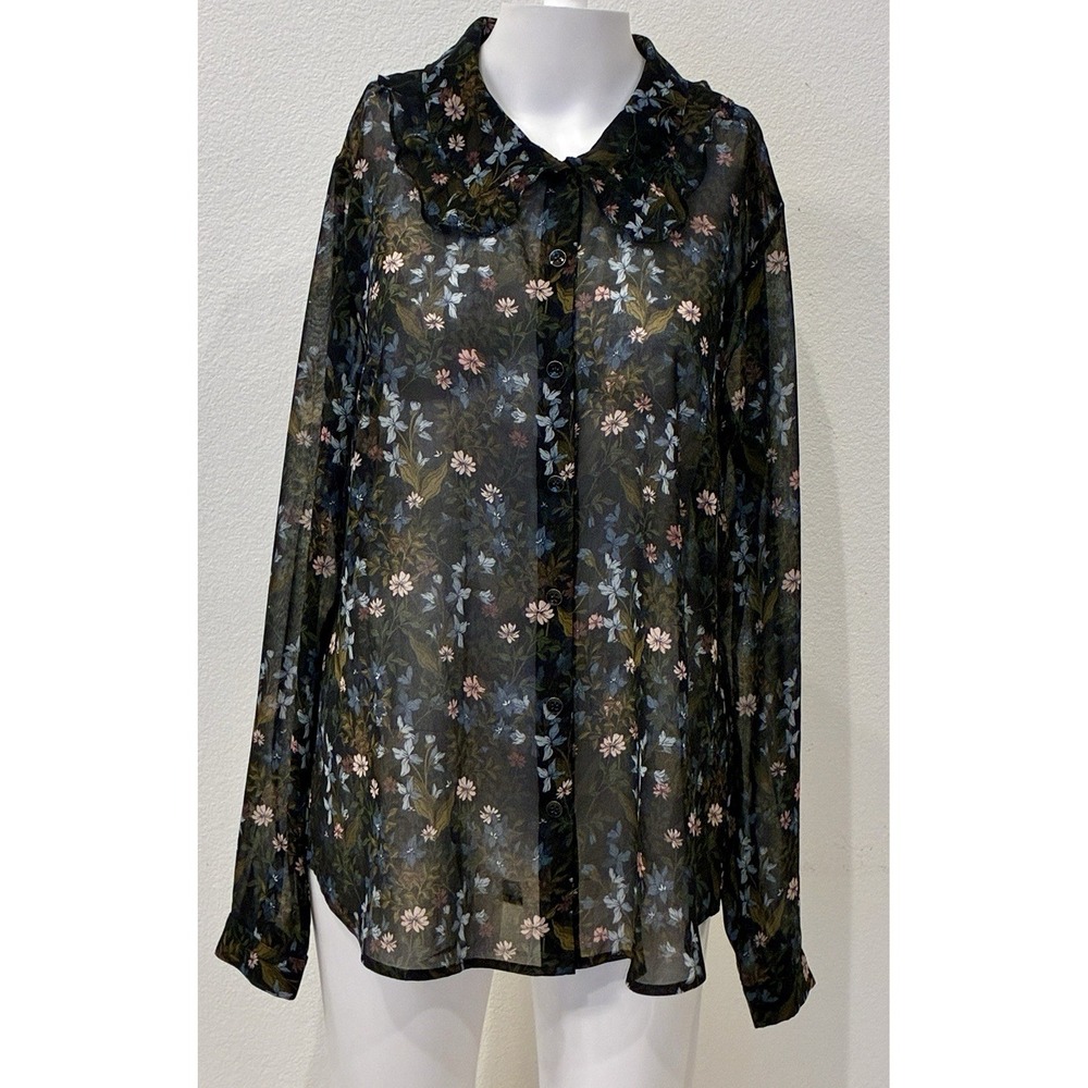 CAbi Womens‎ Sheer Dark Floral Fairy Grunge Button Top Size M Black Whimsigoth